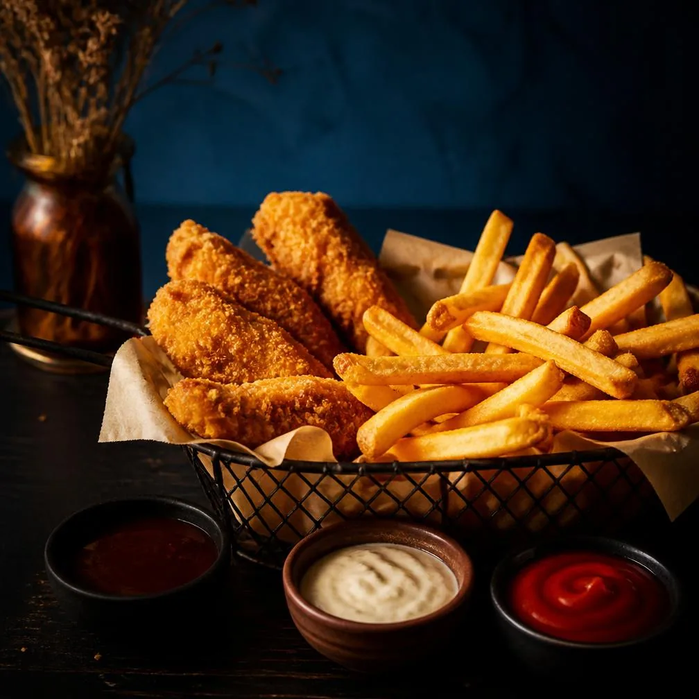 Porção de batatas fritas e petiscos da Smash Burger