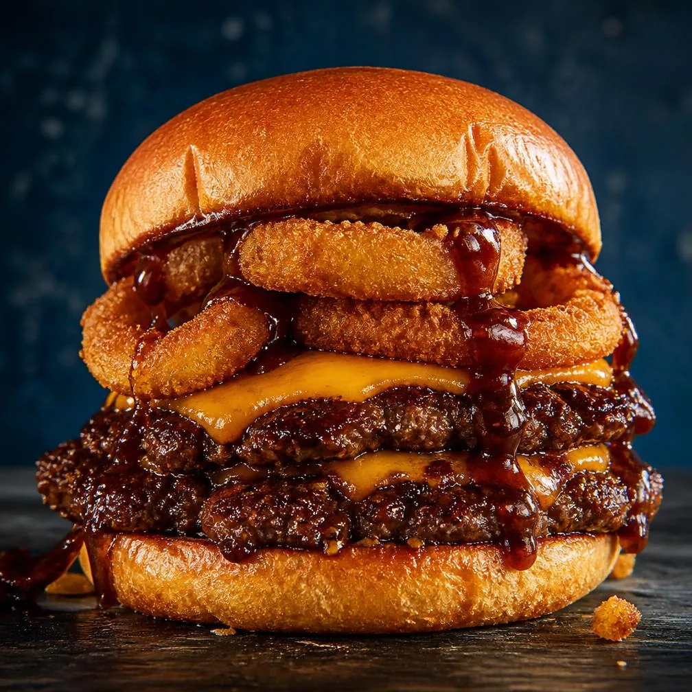 Smash BBQ, hambúrguer artesanal com molho barbecue e anéis de cebola